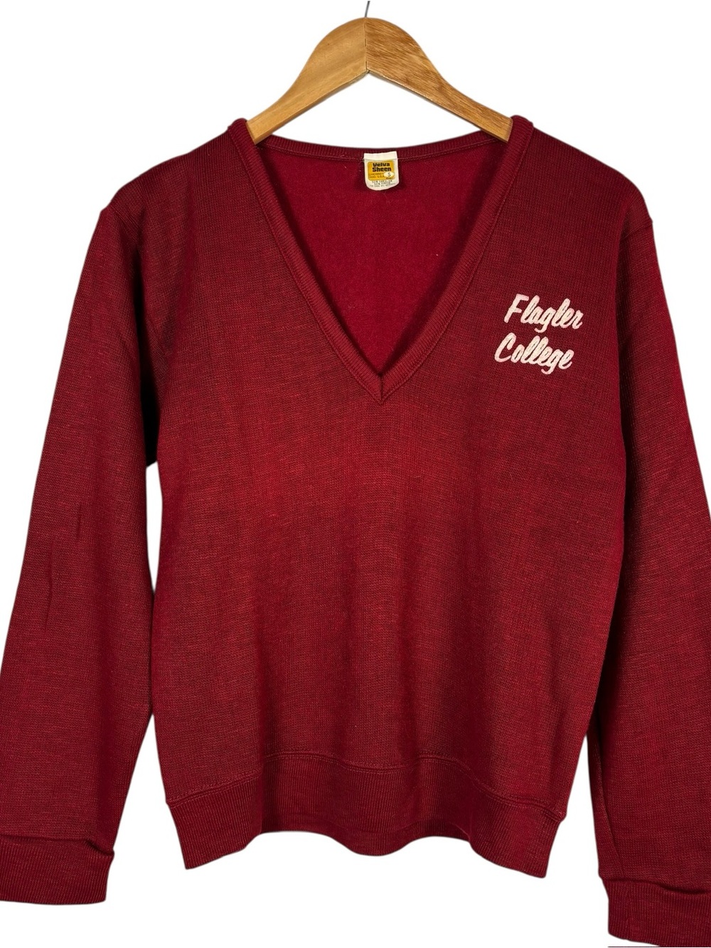 Vintage 50s College University Flagler College V-Neck Flock Print Sweater Size S